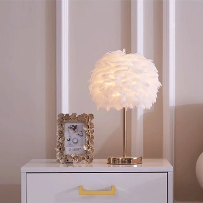 White feathered lamp on a white nightstand with a decorative frame.