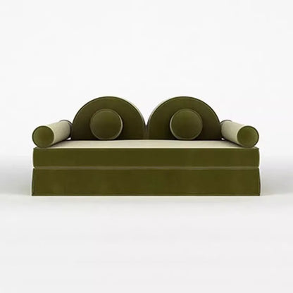 Modern green sofa with cylindrical backrest design on a white background