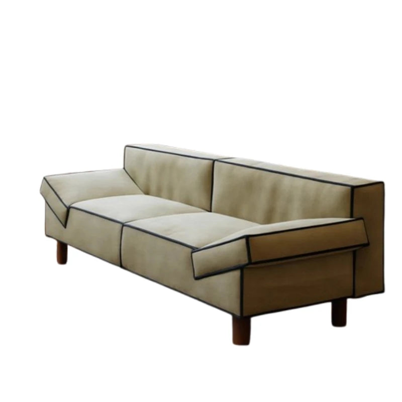Beige sofa with brown trim on a white background