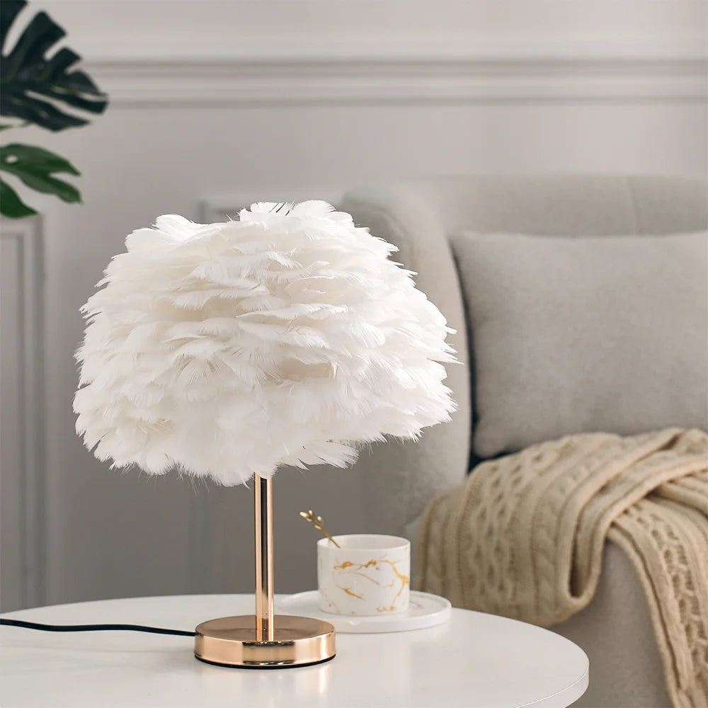 Feathered table lamp on a side table with a cozy living room background