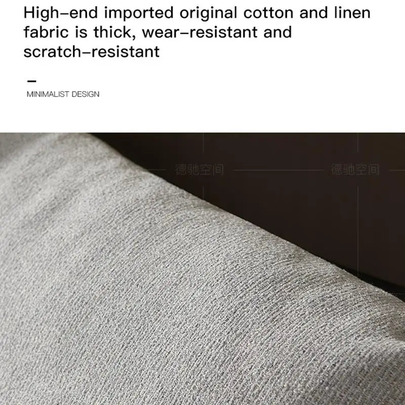 Text describing high-end imported cotton and linen fabric with a close-up of gray fabric.