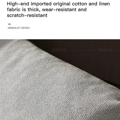 Text describing high-end imported cotton and linen fabric with a close-up of gray fabric.