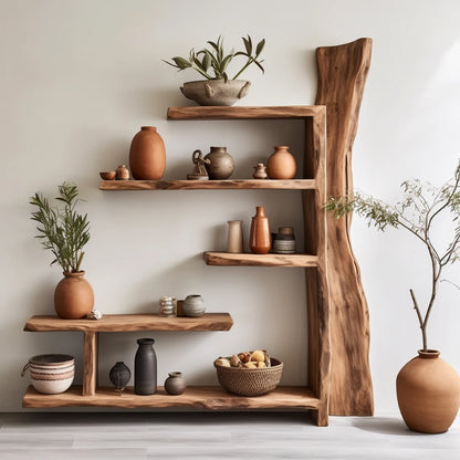 Natural Elm Wood Wabi-Sabi Bookshelf – Multi-Layer Floor-to-Ceiling Shelf for Tranquil Modern Interiors