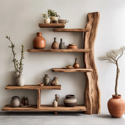 Natural Elm Wood Wabi-Sabi Bookshelf – Multi-Layer Floor-to-Ceiling Shelf for Tranquil Modern Interiors