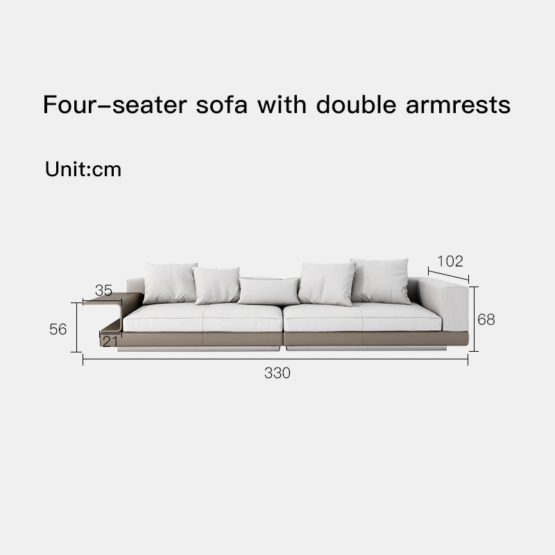 Measurement chart of a four-seater sofa with double armrests on a white background