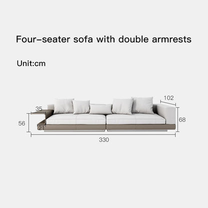 Measurement chart of a four-seater sofa with double armrests on a white background