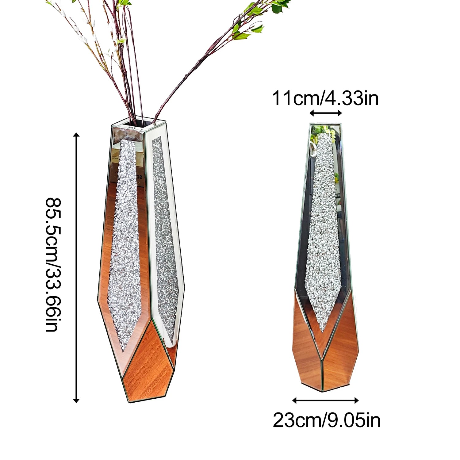 Tall geometric vase with wooden base and measurements on a white background