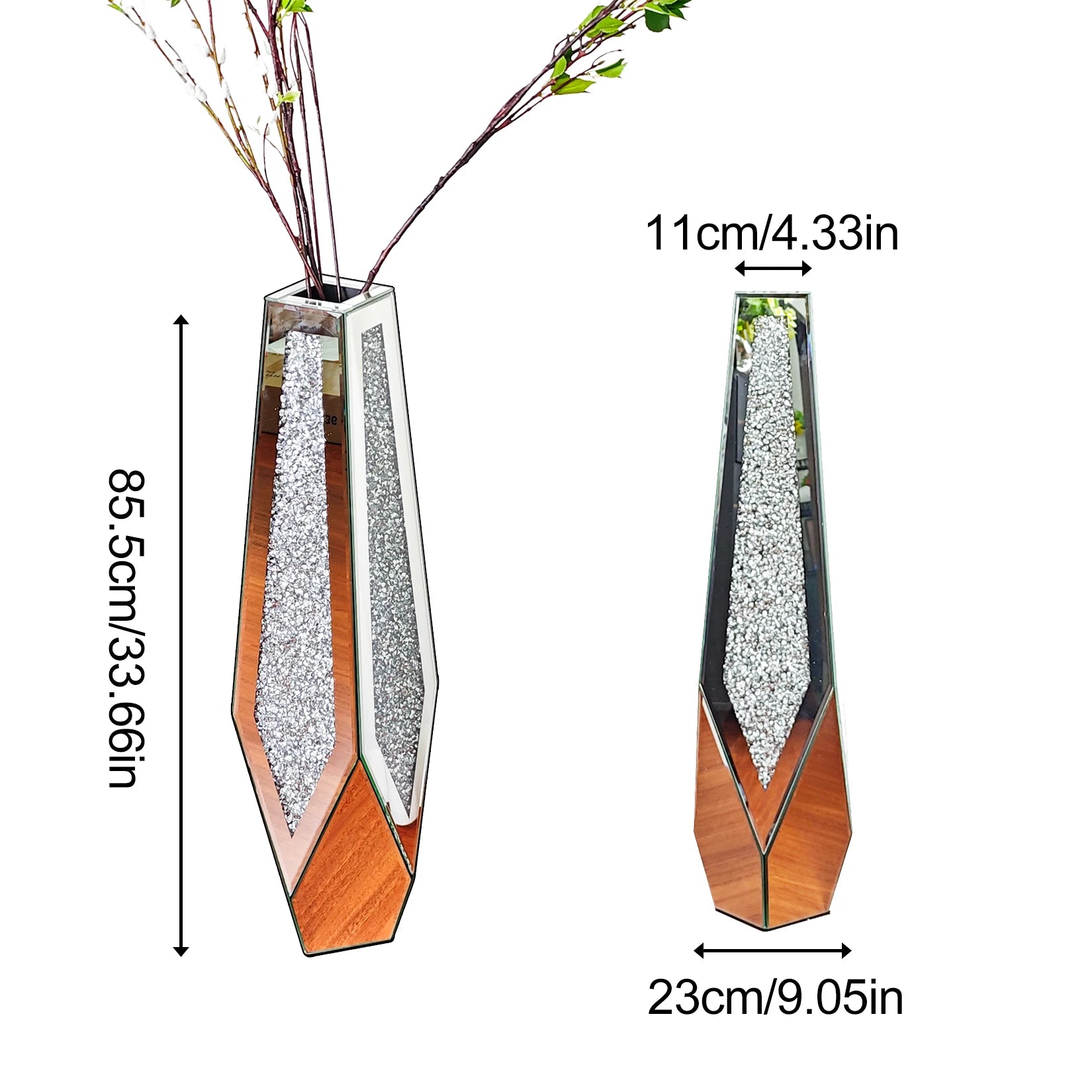 Tall geometric vase with wooden base and measurements on a white background