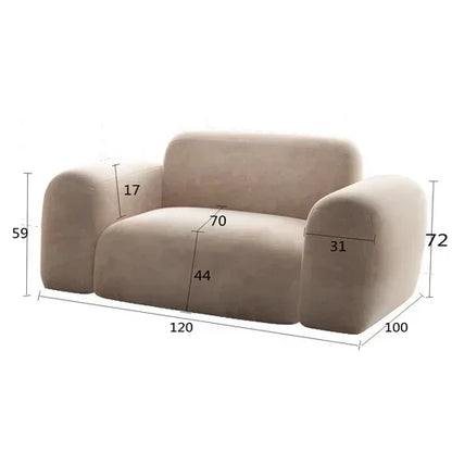 Beige armchair with dimensions marked on a white background
