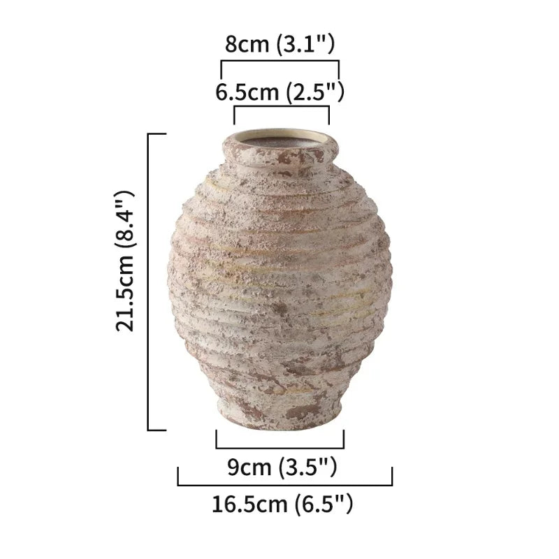 Ceramic vase with dimensions labeled on a white background