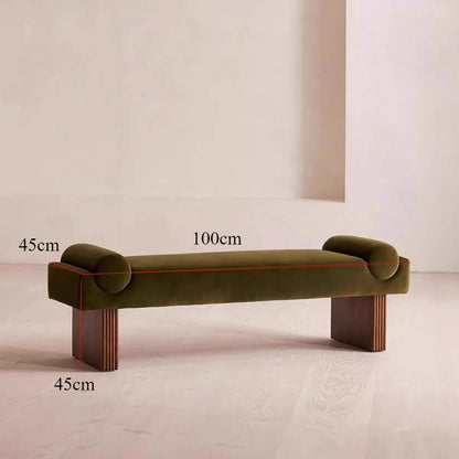 Green bench with dimensions marked on a plain background