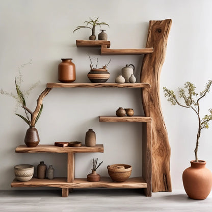 Natural Elm Wood Wabi-Sabi Bookshelf – Multi-Layer Floor-to-Ceiling Shelf for Tranquil Modern Interiors
