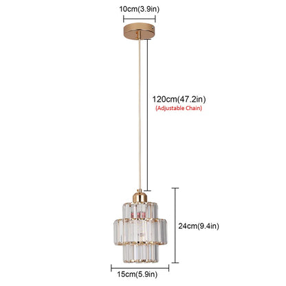Gold pendant light with measurements on a white background