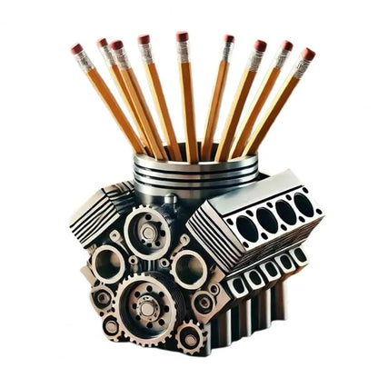 Pencil holder designed like a mechanical engine with pencils inside on a white background