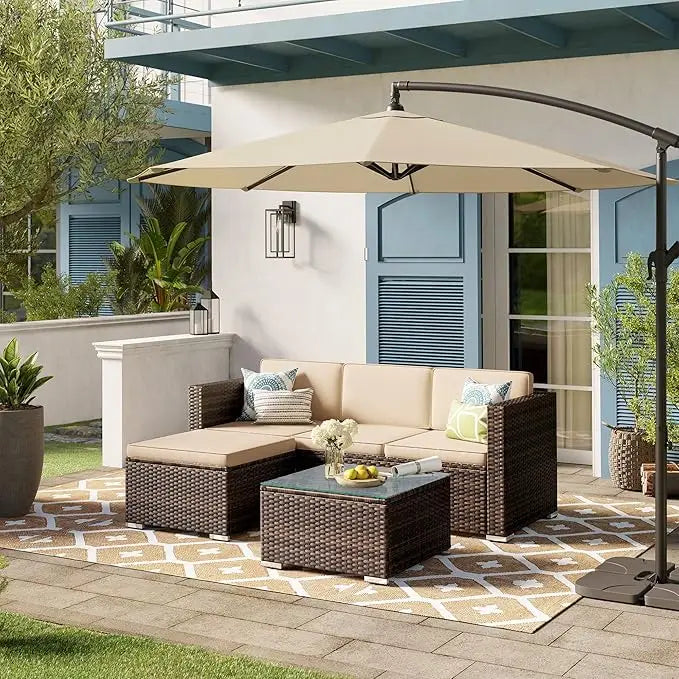 Outdoor rattan garden furniture set with glass coffee table