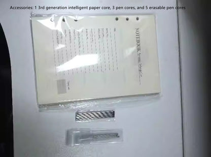 Packaging of accessories including a 3rd generation intelligent paper core, 3 pen cores, and 5 erasable pen cores on a white background.