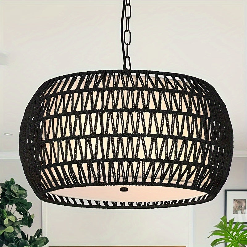 Bohemian black woven rattan chandelier with fabric shade for kitchens.