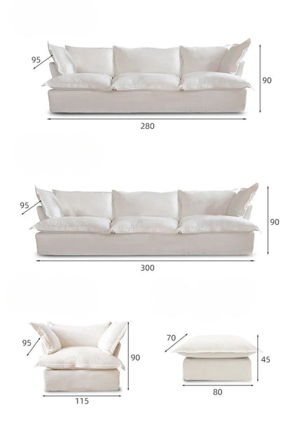 Dimensions of a beige sofa, armchair, and ottoman on a white background