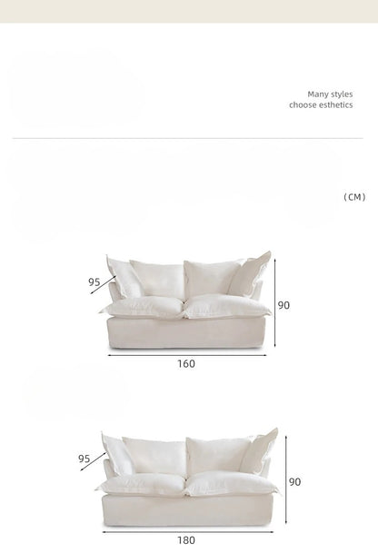 Measurement chart of a beige sofa with dimensions on a white background