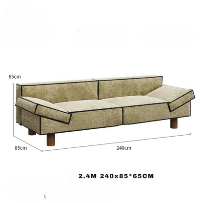 Beige sofa with dimensions labeled on a white background