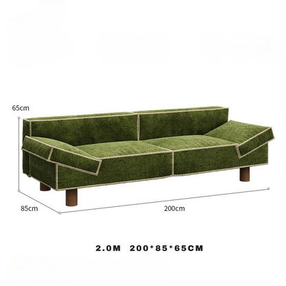 Green sofa with dimensions labeled on a white background