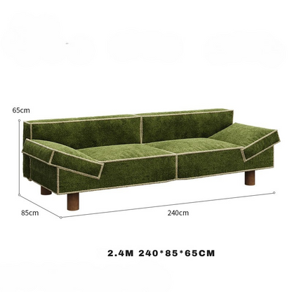 Green sofa with dimensions labeled on a white background