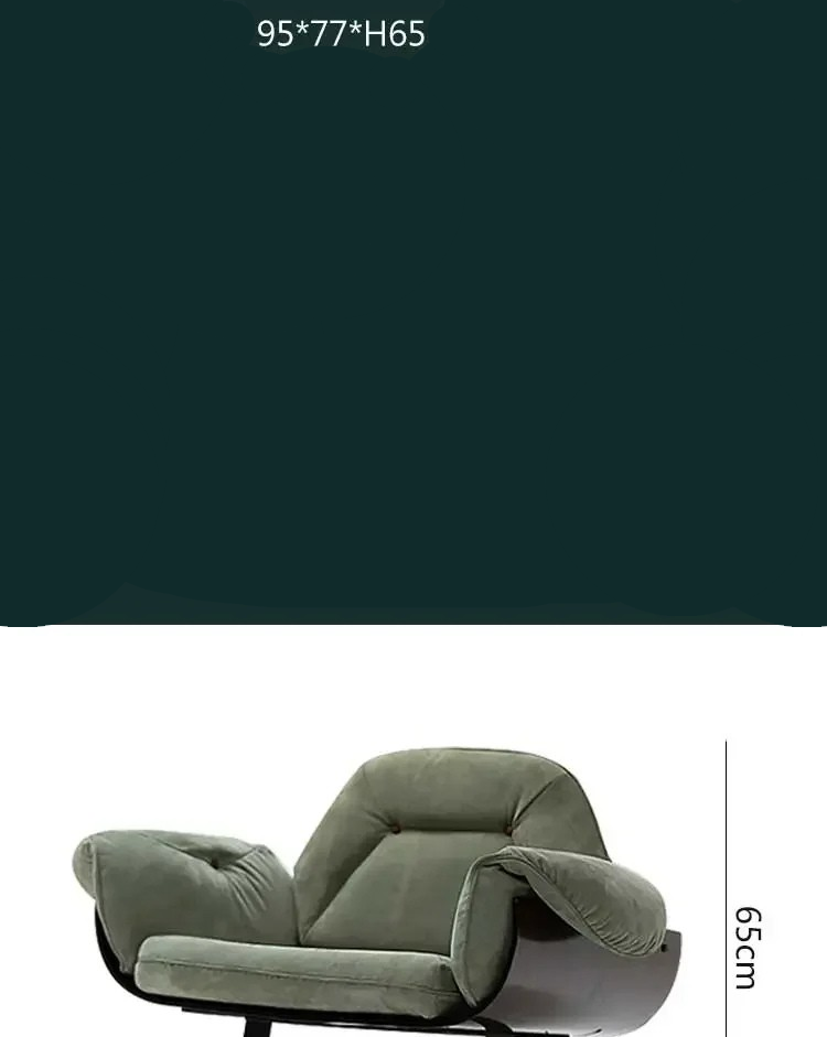 Green recliner chair with dimensions displayed on a white background