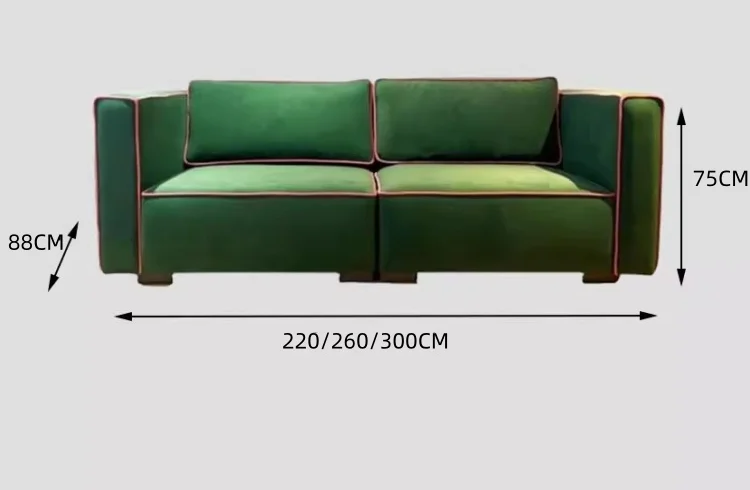 Green sofa with dimensions indicated on a light gray background