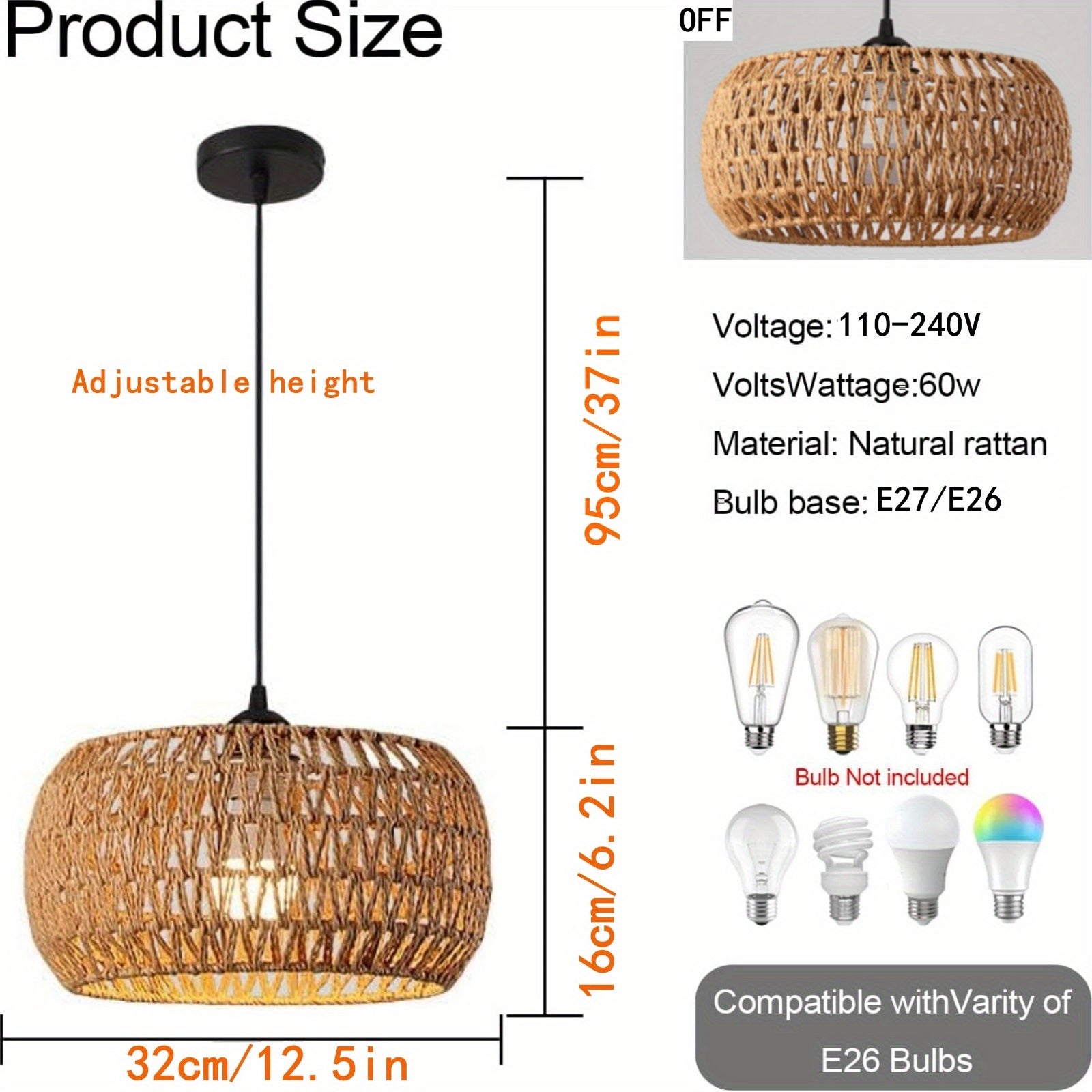 Woven basket iron shade chandelier with E26/E27 bulb base compatibility.