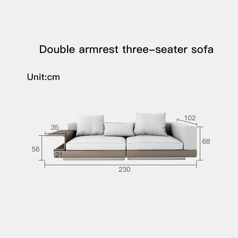 Measurement chart of a double armrest three-seater sofa with dimensions labeled.