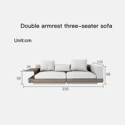 Measurement chart of a double armrest three-seater sofa with dimensions labeled.