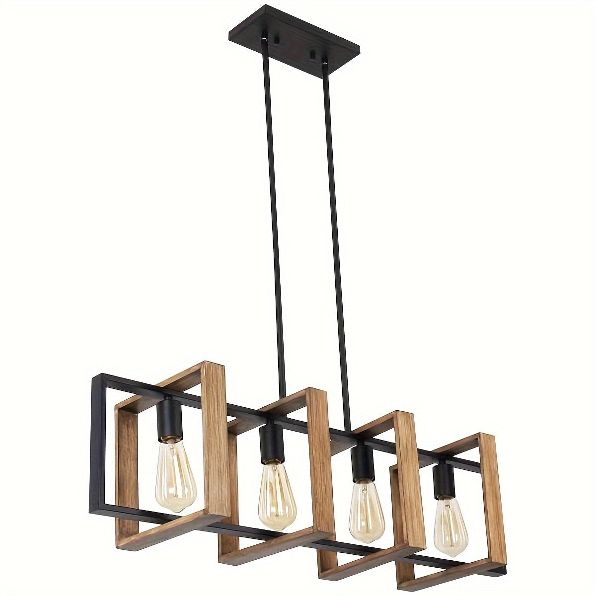 Adjustable ceiling-mounted pendant light for farmhouse-style dining rooms.