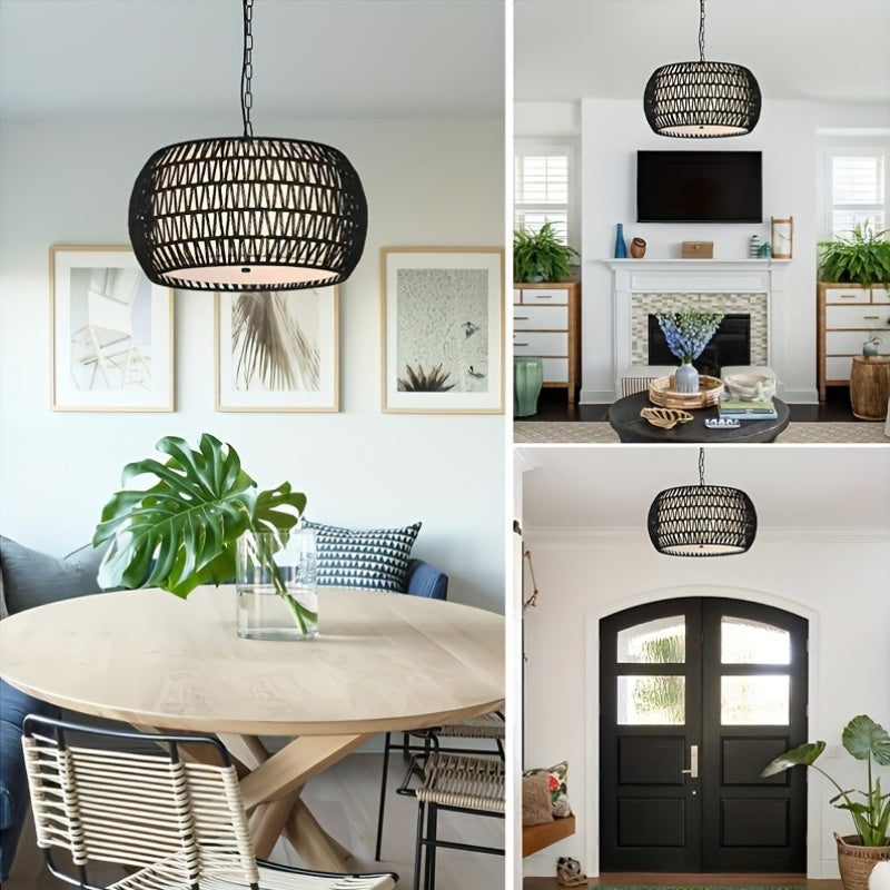 Rustic farmhouse pendant light with handcrafted rattan design.