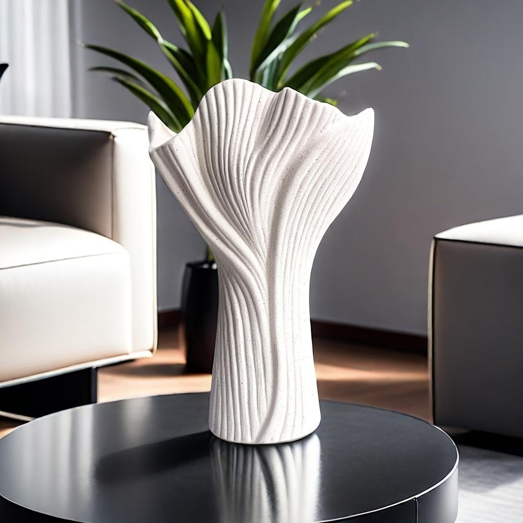 Neutral-tone striped vase for modern and Scandinavian decor themes.