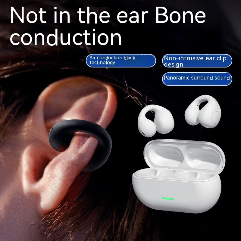 Binaural earbud with air conduction black technology, non-intrusive ear clip design, and panoramic surround sound.