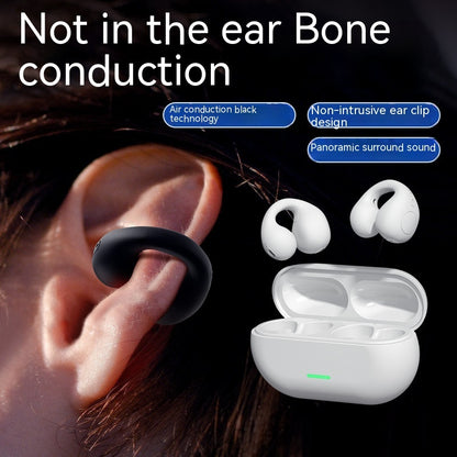 Binaural earbud with air conduction black technology, non-intrusive ear clip design, and panoramic surround sound.