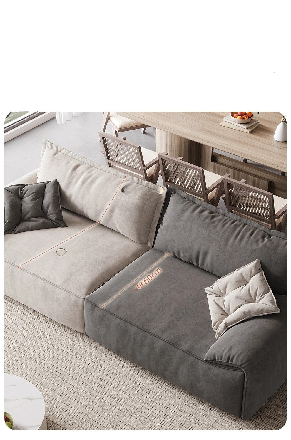 Gray sectional sofa with cushions in a living room setting.