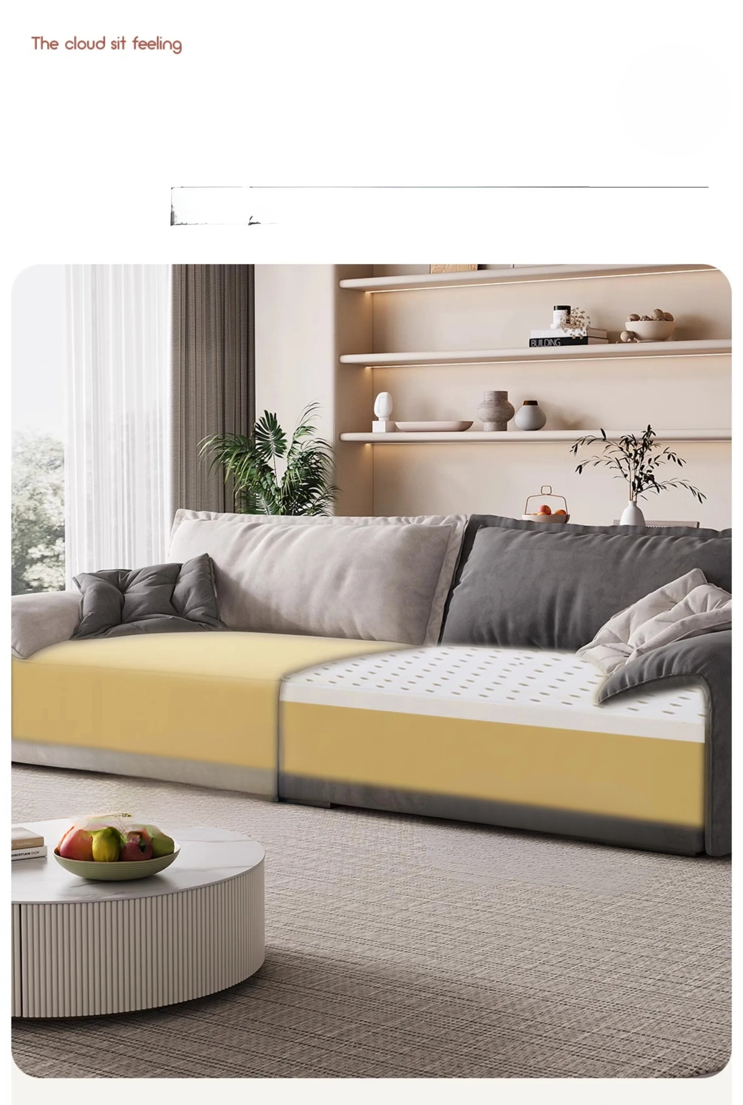 Gray sofa with yellow cushion in a living room setting