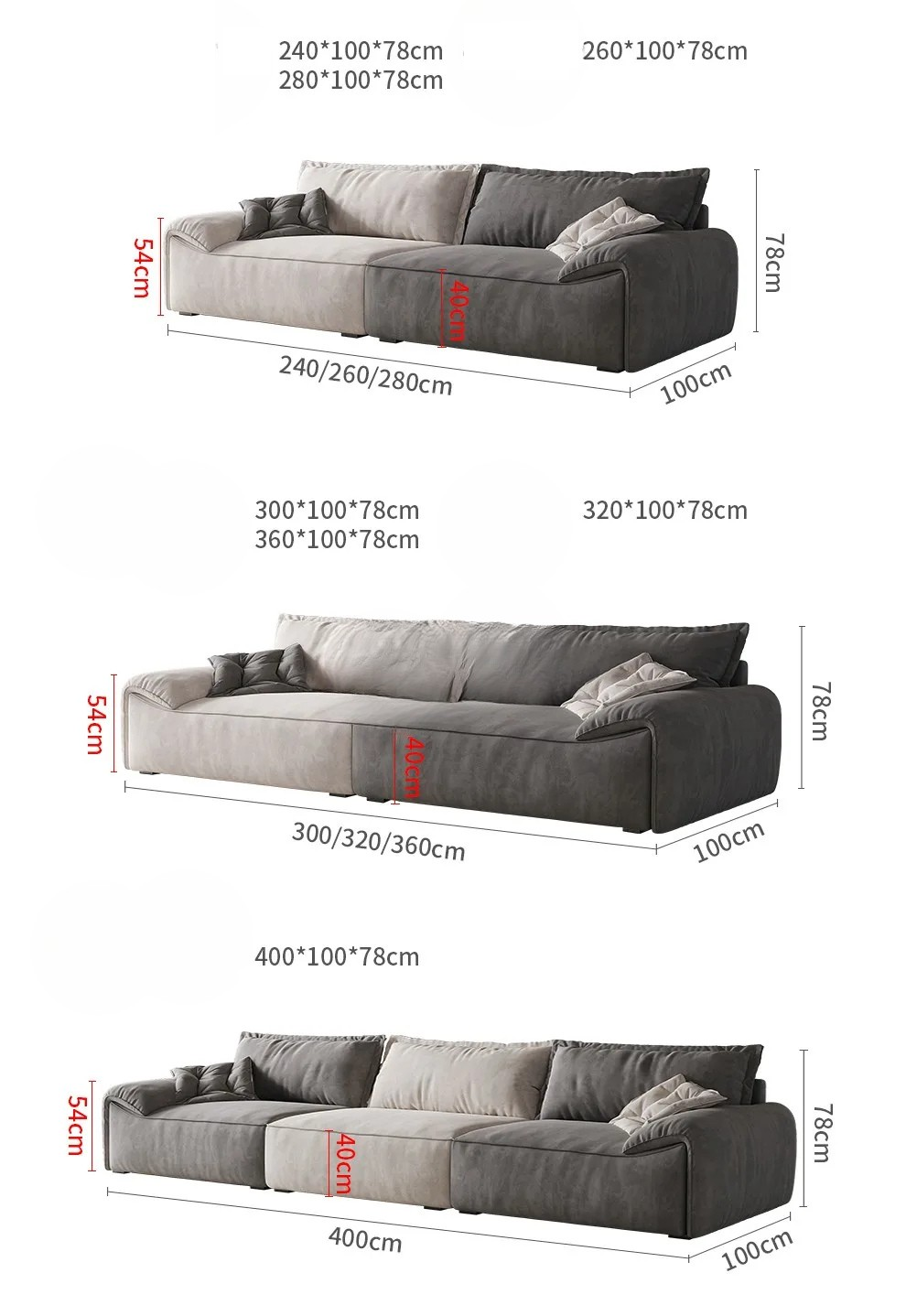 Gray sofa with dimensions indicated on a white background