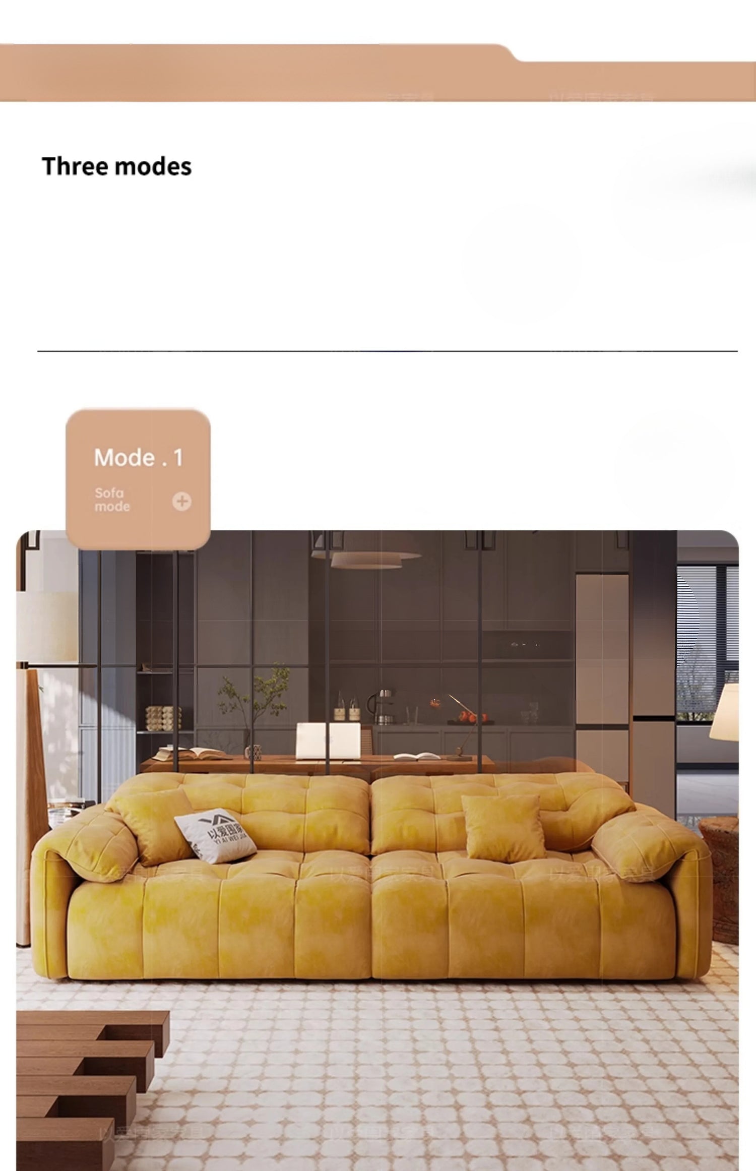 Yellow sofa in a modern living room with text &