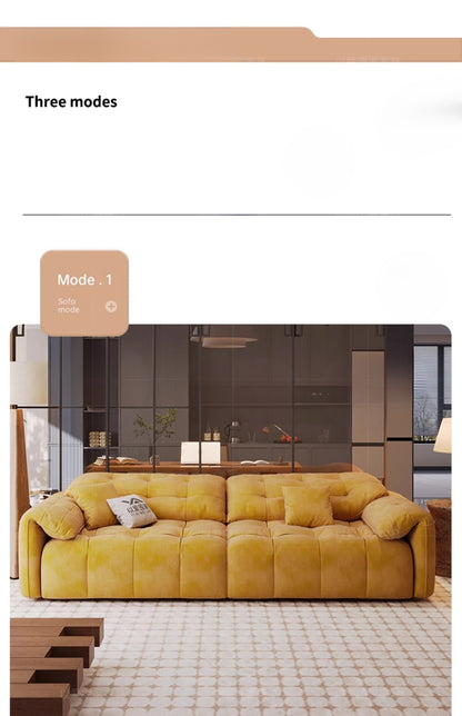 Yellow sofa in a modern living room with text &