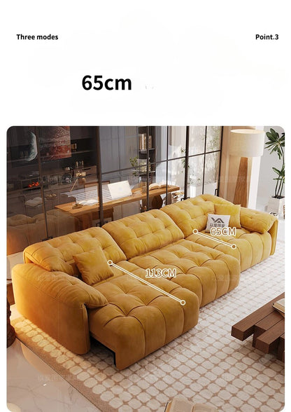 Yellow sofa with measurements indicated in a living room setting