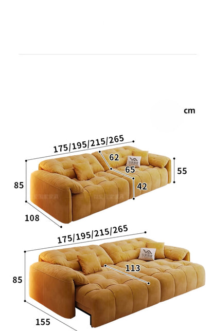 Yellow sofa with dimensions labeled in centimeters on a white background