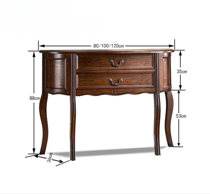 Wooden console table with dimensions labeled on a white background