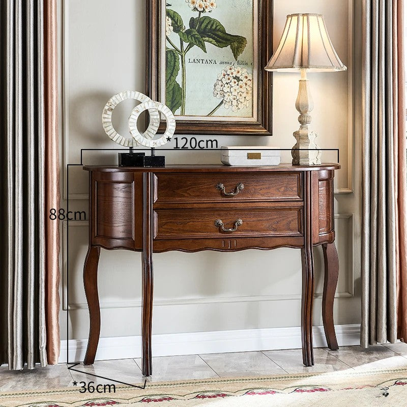 Wooden console table with measurements in a room setting