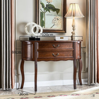 Wooden console table with measurements in a room setting