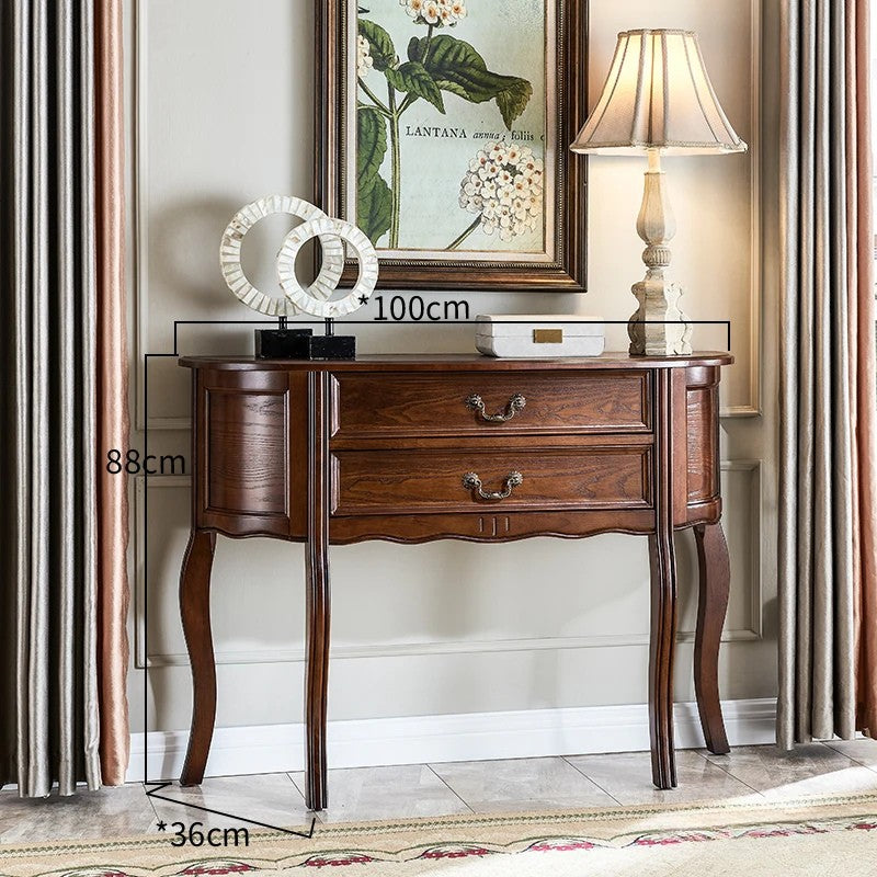 Wooden console table with measurements in a room setting