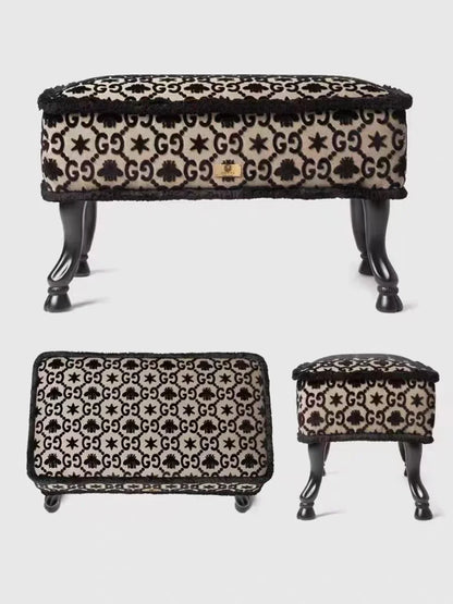 Set of three patterned stools on a white background