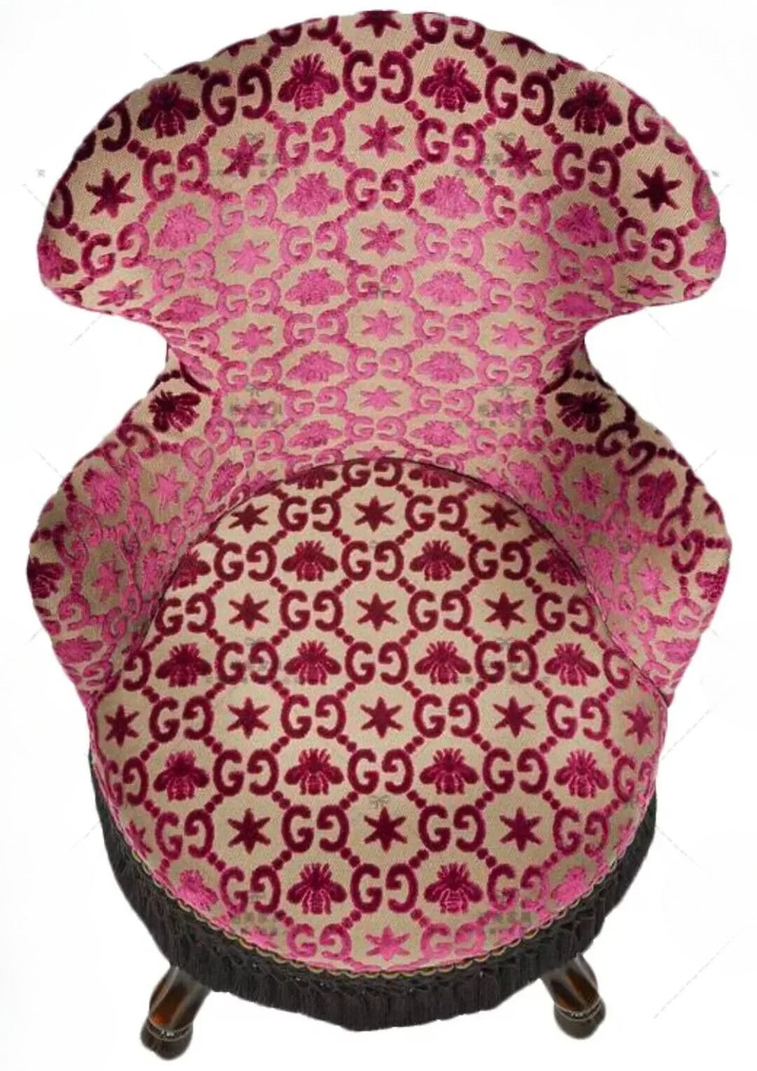 Decorative chair with pink and red pattern on a white background