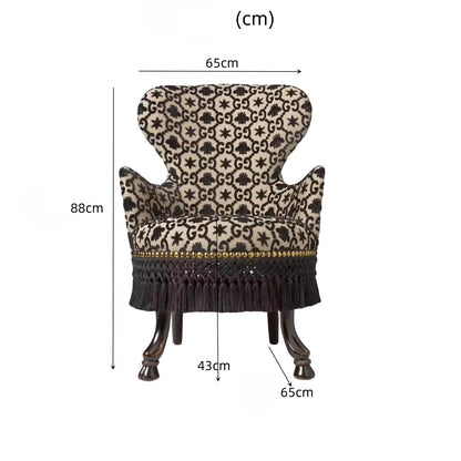 Decorative armchair with patterned backrest and leopard print seat, shown with dimensions in centimeters on a white background.